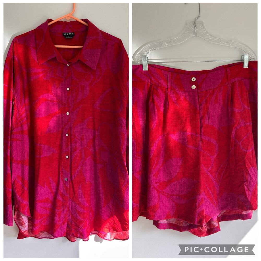 City Chic Size 18/20 Shirt Short Set Tropical Floral Hot Pink Lightweight Orange
